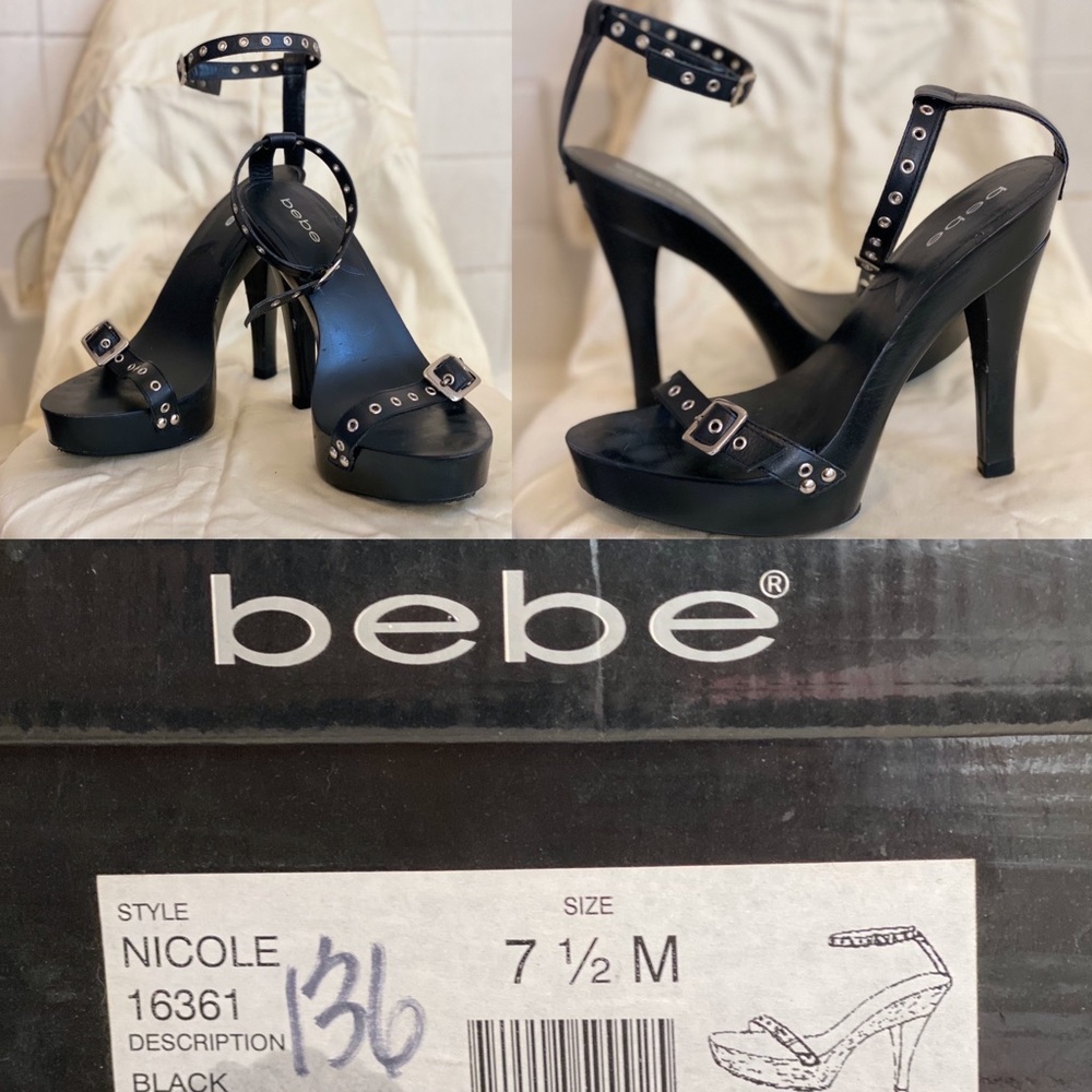 BEBE Brand Black Wooden Base Sandals Heels